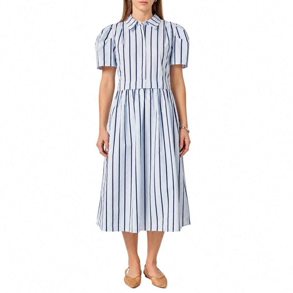 English Factory Blue Striped Puff Sleeve Midi Shirtdress Size S NEW $105